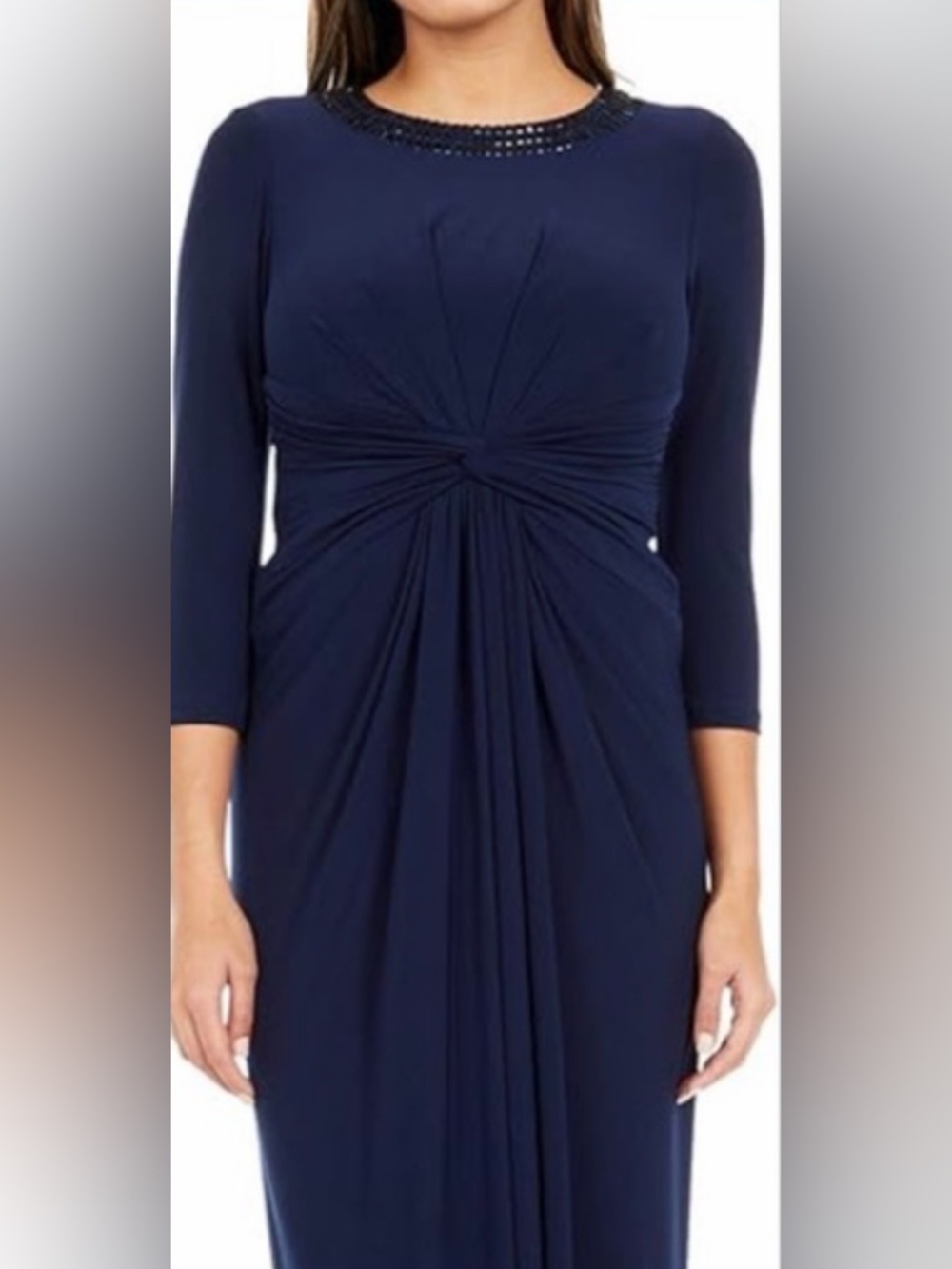 Adrianna Papell Navy Beaded Embellished Neck Gown Twist Waist Keyhole Back 14 - Picture 5 of 16